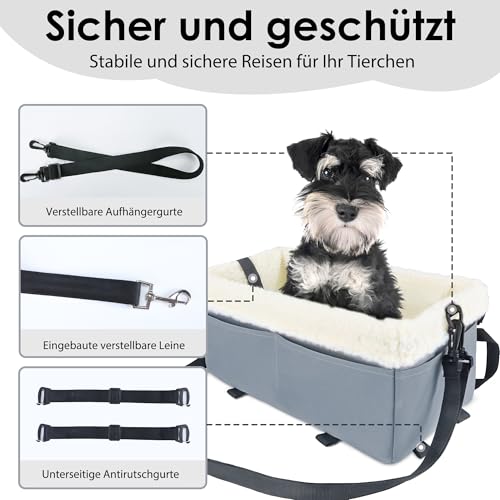 Hunde-Autositz für kleine Hunde und Katzen, Erhöhter Hundesitz für Hunde mit weichem Plüsch, Haustierautositz mit Metallrahmen für Vorder- und Rücksitz bis zu 5.4KG (Grau, Klein)