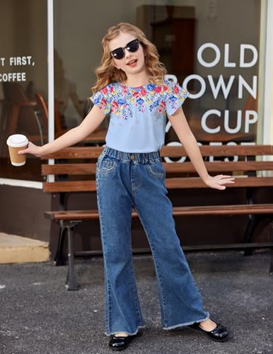 Image of Arshiner Girls T Shirts Ruffle Short Sleeve Summer Pleated Crewneck Casual Tops Tees Blouses