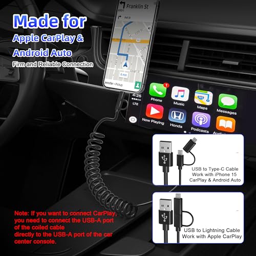 Image of USB to USB-C and Lightning Cable Combo 2 in 1 Coiled Cable Support Apple Carplay & Android Auto [MFi & 3A Fast Charge & Data Sync] Coiled Lightning and USB C Cable for iPhone 17 /16 /15 /14 /13 /12 /Android