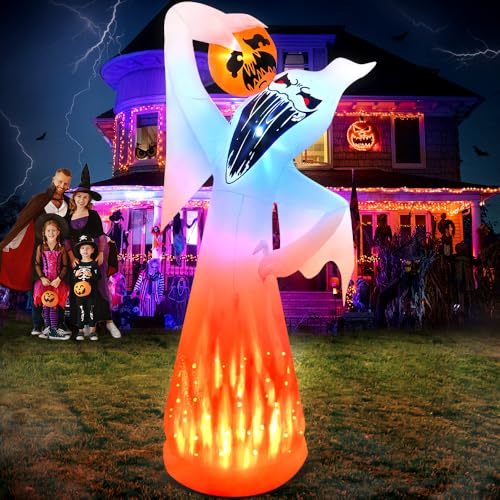 10 FT Halloween Inflatables White Ghost with Red Eyes Eat Pumpkin Decoration with Led Light Halloween Inflatables Outdoor Decorations Blow up Inflatables for Halloween Holiday Party Yard Garden Décor