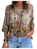 WDIRARA Women's Floral Crochet Sweaters 3/4 Sleeve Hollow Out Pullover Loose Knit Tops Khaki X-Large