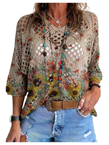 Verdusa Women's Boho Tops Hippie Lightweight Summer Sweater Beach Cover Up Crochet Tops Khaki Medium