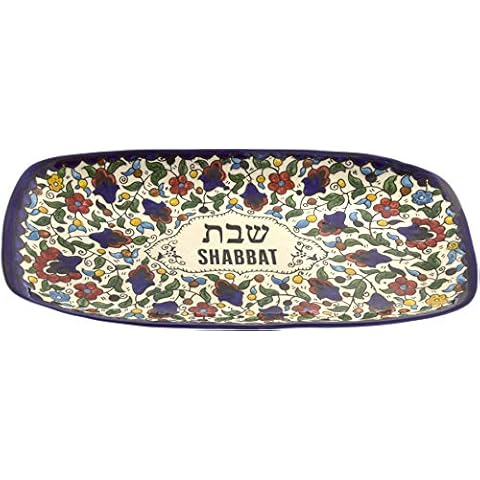 Armenian Ceramic Challah Tray for Shabbat, Colourful Flowers Design, Blue, 38 Centimetres Cover