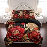 CCoutueChen Black and Red Comforter Set Girls King Size Vintage Floral Bedding 3 Pcs Luxury Botanical Flower Quilted Comforter for Elegant Women Bedroom Decor,Red Gold/104'x90'