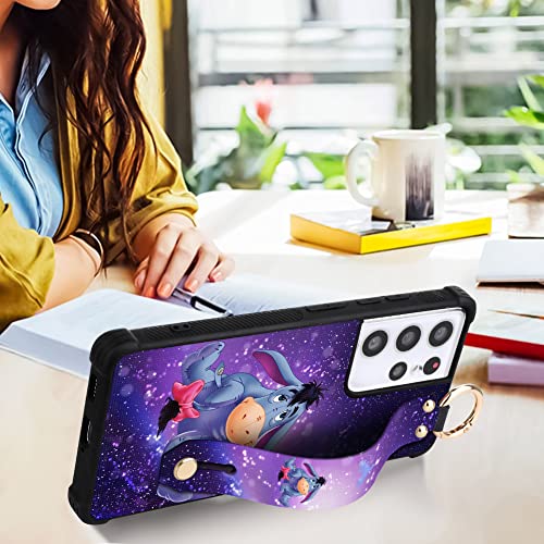 Cuwana Cartoon Case For Samsung Galaxy S21 Ultra Case 6.8 Inch Cute Eeyore Donkey Cartoon Character Design With Lanyard Wrist Strap Band Holder Shockproof Protection Bumper Kickstand Cover #TOP3