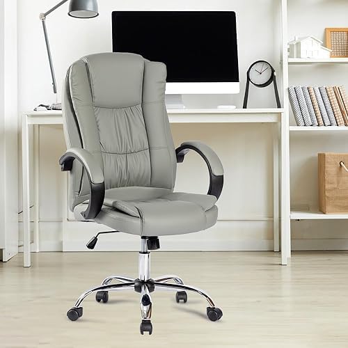 SAVYA HOME Leatherette Executive Office Chair|Study Chair for Office, Home|High Back Ergonomic Chair with Soft PU armrest for Office, Spacious Cushion Seat & Heavy Duty Chromed Base, Grey