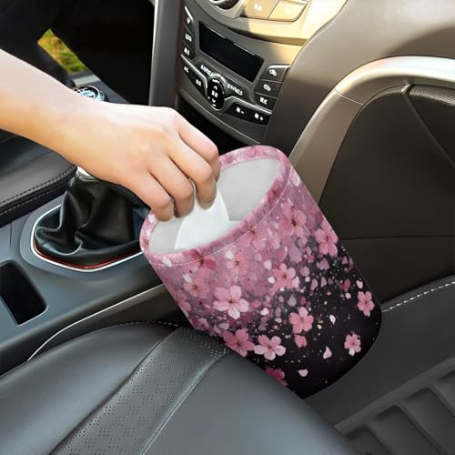 Image of Pink Cherry Blossom Print Mini Car Trash Bin with Adjustable Buttons Car Garbage Can Multipurpose Car Storage Bag Collapsible Reusable