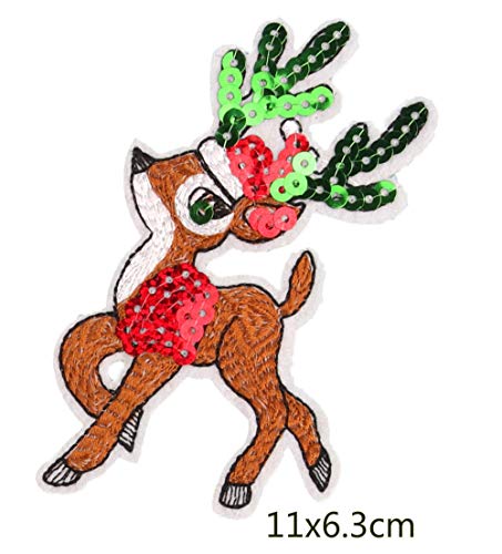 Patch Brodé Cerf de Noël à Paillettes, Accessoire Décoratif de Haute Qualité
