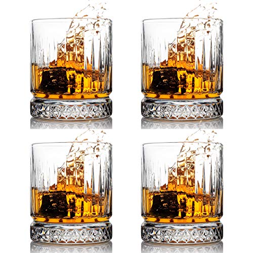 WOMEI Crystal Whiskey Glasses - 12 Oz Rocks Barware For Scotch Bourbon Liquor and Cocktail DrinksOld Fashioned Cocktail - Set of 4