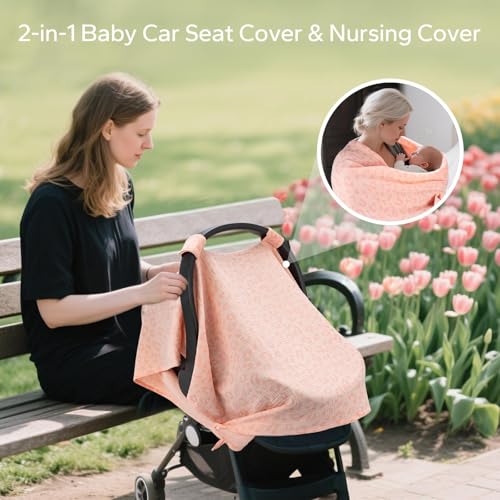 Image of SERAPHY 2-in-1 Muslin Baby Car Seat Cover & Nursing Cover, Soft Lightweight Breastfeeding Cover for Boys and Girls,Breathable Canopy for Infant Carseat & Stroller for Summer-Love