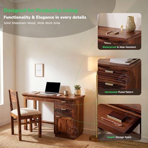 Image of NSH Solid Sheesham Wood Study Table with Chair | Wooden Writing Desk with Drawer & Door Storage | Pre-Assembled Computer Desk Workstation for Home Office & Study Room | Honey Finish