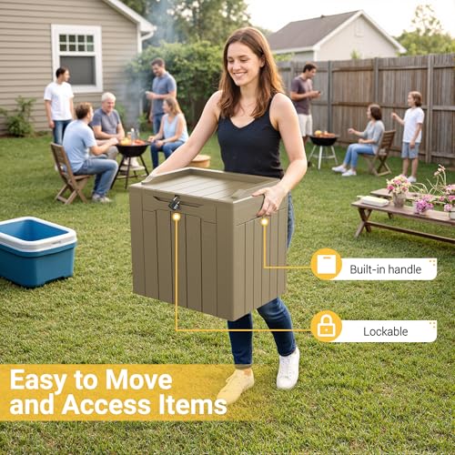 Image of Greesum Outdoor Storage Box 31 Gallon Storage Box with Lid for Patio Furniture, Garden Tools, Pool Supplies, Waterproof and UV Resistant, Lockable, Light Coffee