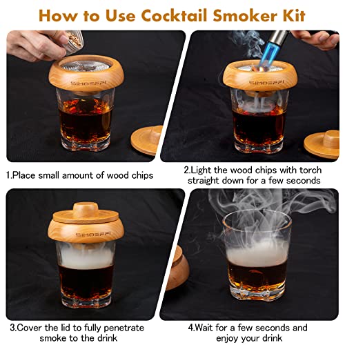 Cocktail Smoker Kit With Torch, Old Fashioned Smoker Kit For Bourbon Whiskey Drink, With 4 Different Flavor Wood Smoker Chips, Vodka/Gin/Tequila/Rum Liquor Gifts For Whiskey Lovers, Father(No Butane) #TOP3