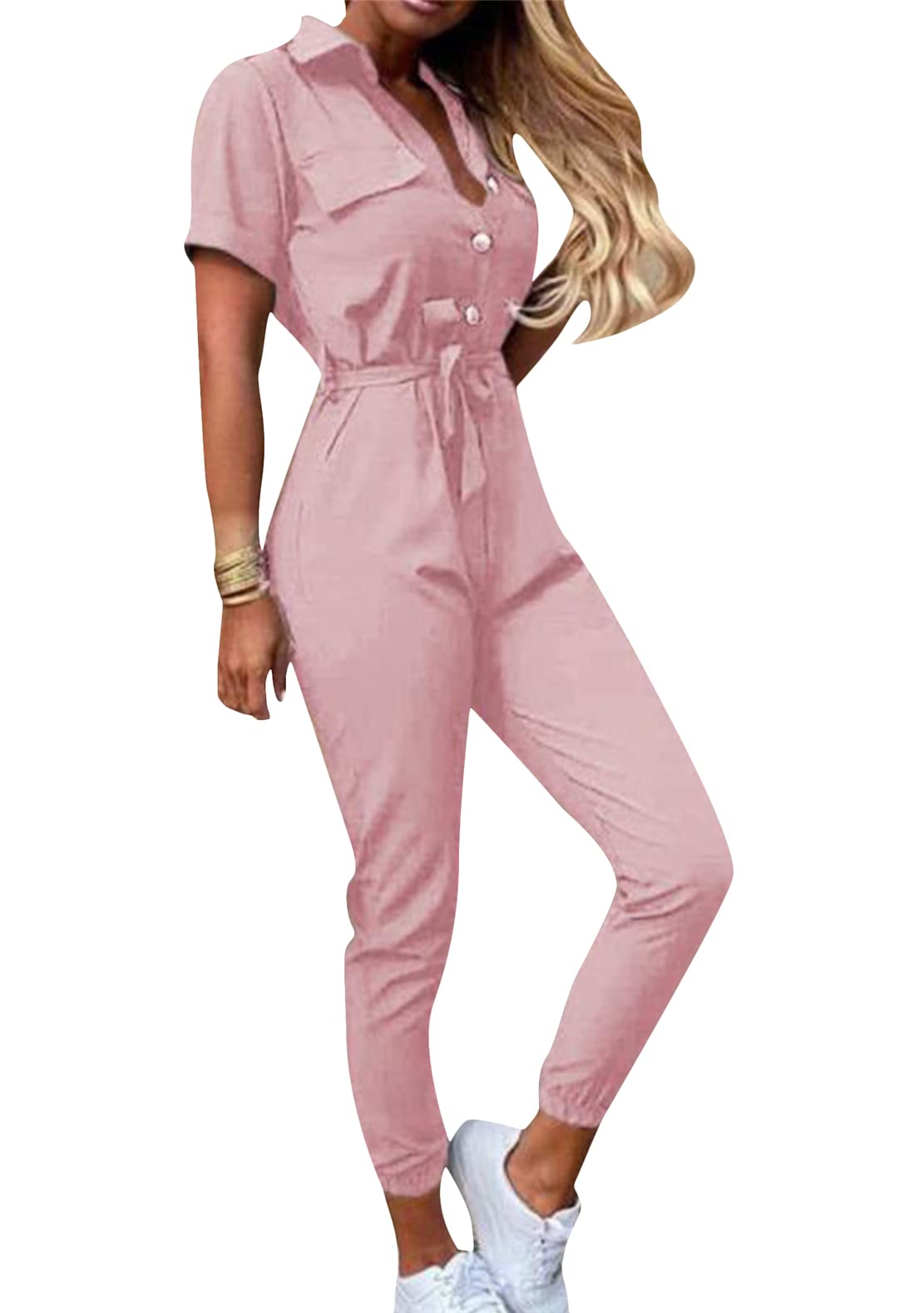YMINGWomens Lapel Collar Short Sleeve Jumpsuit Summer Casual Romper Plus Size Overalls with Belt