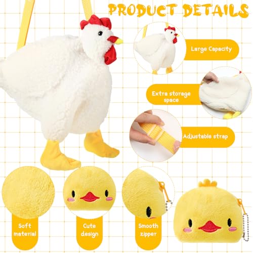 3 Pcs Chicken Purse Fluffy Cartoon Bag Set Include 2 Cute Zipper Chicken Wallet 1 Crossbody Plush Shoulder Bag Rooster Wallet with Adjustable Shoulder Strap for Women Girls3