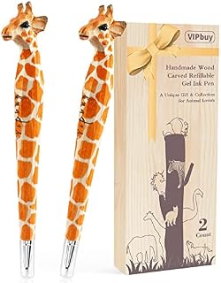 VIPbuy 2 Count 100% Handmade Wood Carved Refillable Gel Ink Pens, Novelty Refillable Writing Pens Office School Supplies Birthday Christmas Gift (Giraffe)