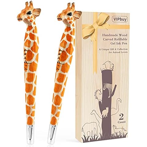VIPbuy 2 Count 100% Handmade Wood Carved Refillable Gel Ink Pens, Novelty Refillable Writing Pens Office School Supplies Birthday Christmas Gift (Giraffe) Cover