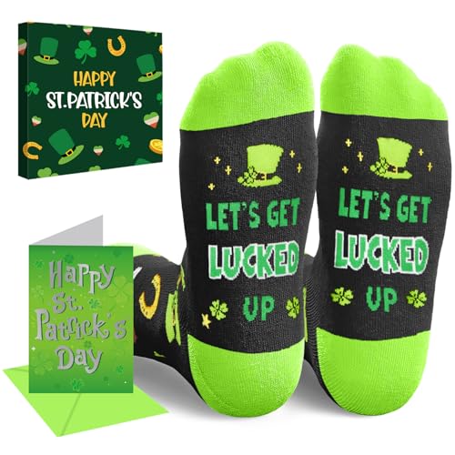 HAPPYPOP St.Patrick's Day Gifts - St Patricks Day Gifts for Women Men, Shamrock Socks, Lucked Up Green Socks with Greeting Card