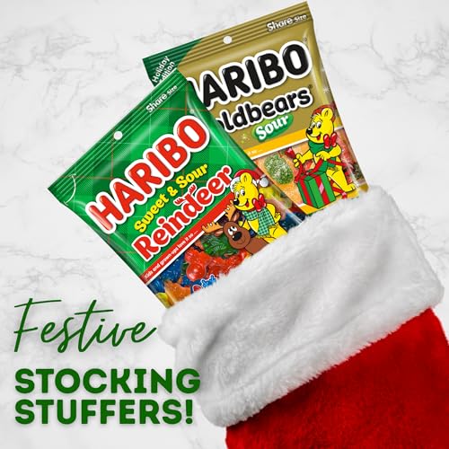 Sour Haribo Goldbears and Reindeer, Assorted Fruit Flavored Gummy Candy, Christmas Stocking Stuffer Gifts, 3.6 and 4 Ounces (Pack of 2)