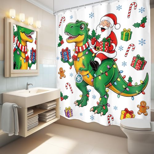 Image of Christmas Dinosaur Merry xmas Funny Santa Bathroom Shower Curtain Set