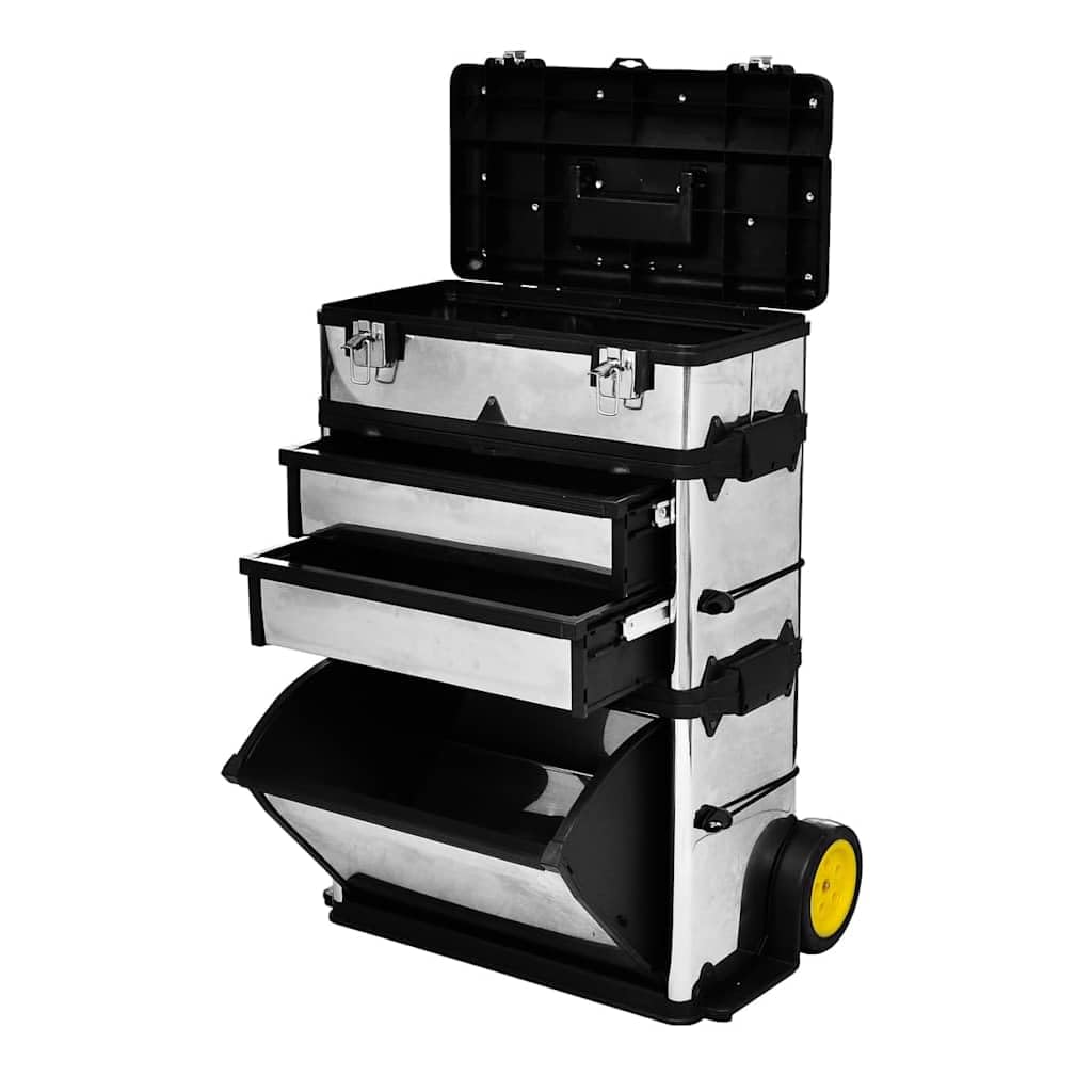 Vidaxl Silver 3-Part Rolling Tool Box With 2 Wheels Transport Carrier Organiser Case
