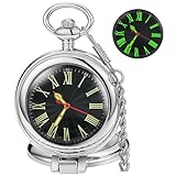 Tiong 透明カバー懐中時計 クオーツ アラビア/ローマ数字 メンズ カスタマイズ可能 バックカバー 懐中時計 チェーン&ボックス付き, シルバー-R, パーティー、日常。