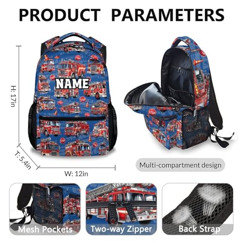 School Backpacks for Boys, Personalized Set of 3 Fire Truck Backpack for Kids Children Teens, Large Capacity Bookbag with Lunchbox and Pencil Case Supplies for Kindergarten Elementary2