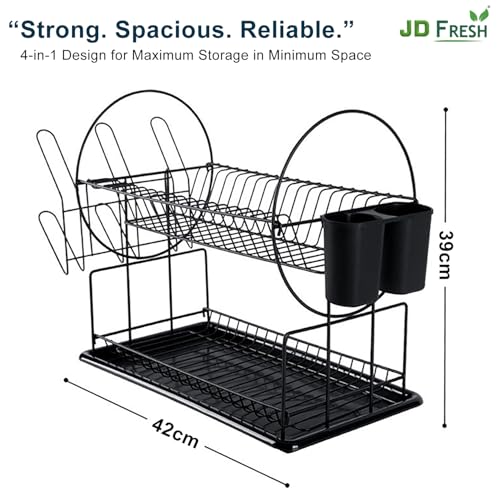 Image of JD FRESH 2 Tier Dish Drainer Rack for Kitchen /Space Saving Dish Stainer with Utensils Drying Rack /Plate Stand with Drain Tray & Glass Holder /Countertop Dish Drainer Kitchen Rack (Black)