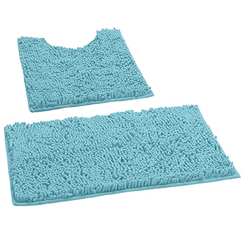 LuxUrux Bath Mat, Luxury Chenille (2-Piece) Bath Mat Set, Soft Plush Anti-Slip Bath Rug + Toilet Mat.1'' Microfiber Shaggy Carpet, Super Absorbent (Curved Set Small, Spa Blue)
