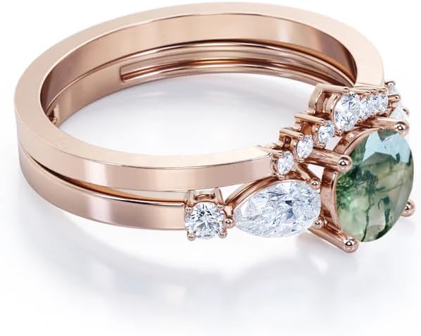 Vintage Fairytale Chevron 1.3 carat Round cut Moss Green Agate and CZ wedding ring set in 9 Natural Moss Agate Ring And Engagement Wedding Promise Ring Jewelry Gift for Women
