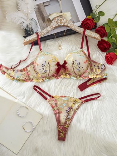 Image of Sexy Floral Embroidered Flower Mesh Underwire Push Up Lingerie Set