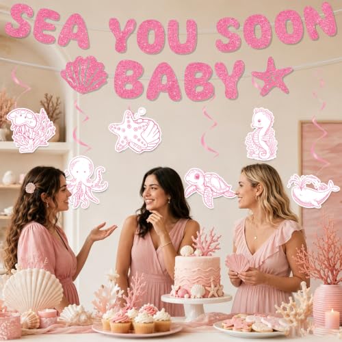 Image of Under The Sea Party Decorations - 8 Pcs Sea You Soon Baby Shower Banner Hanging Swirls Decorations, Pink Summer Ocean Seashell Theme Decor Supplies for Boys Girls