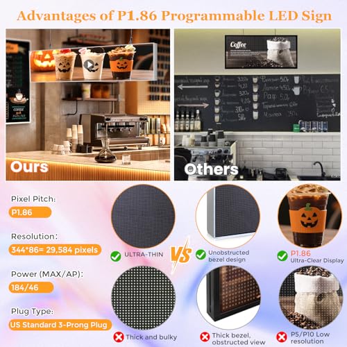 Image of P1.86 Ultra-Thin Programmable LED Sign, 25.2 inch x 6.3 inch Full Color Digital Display with APP & PC Control, DIY Text Image Video Editing High-Resolution GOB LED Advertising Screen for Business