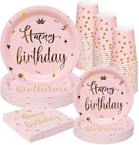 Rorchio Vaisselle Jetable Anniversaire Fille, 24 invités Assiettes Carton Anniversaire Rose, Gobelets Pailles et Serviettes Decor Anniversaire Fille