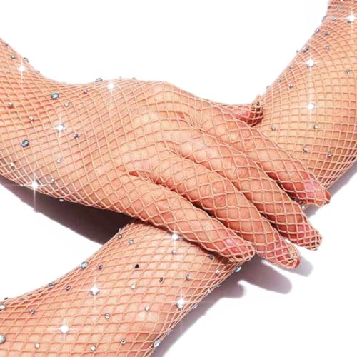 CASDRE Rhinestone Long Fishnet Gloves Mesh Rave Gloves Bling Elbow Length Evening Party Glove for Women and Girls