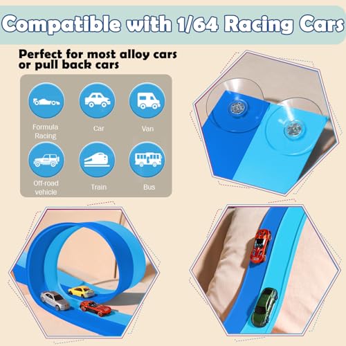 Image of Flex Tracks 15 Ft Starter Set, Flexible Race Track for Kids 3+ with Strong Suction Cups, Flexible Car Track Race Car Ramp Track Compatible with 1 /64 Diecast Cars, Portable Rolls Up Race Tracks