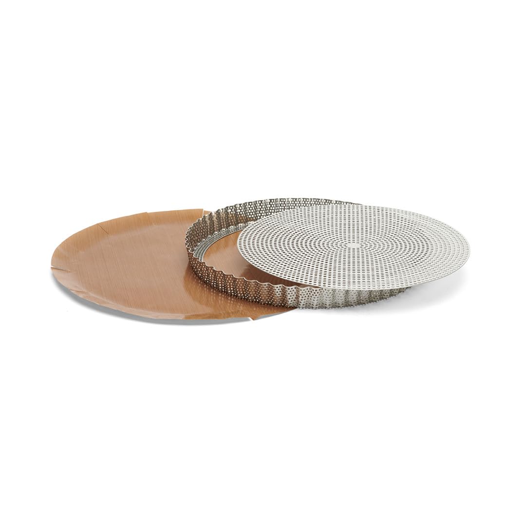 De Buyer - Moule à tarte à fond amovible en inox perforé (2 feuilles de cuisson inclues) - Diamètre 28 cm -, Argenté.