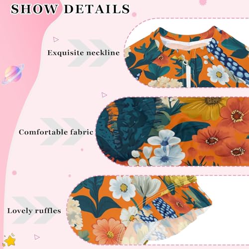KLL Spring Flowers Cactus Bleeding Heart Hyacinth Orange Long Sleeve Swimsuit for Girl 1 Piecing Swimsuits Girls Rashguard Bathing Suit 7-8T4