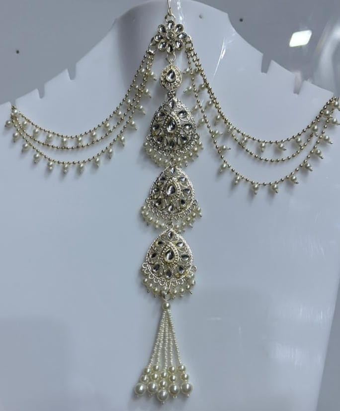 Image of Traditional Jhumar Hair Accessory, Silver Tone, Pearl Beads, Floral Design, Bridal Jewelry