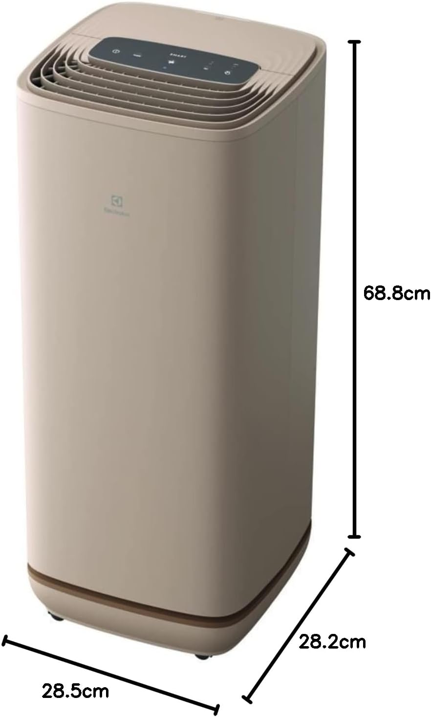 Dimensions of the Electrolux UltimateHome 500 air purifier: 68.8cm height, 28.5cm width, 28.2cm depth.