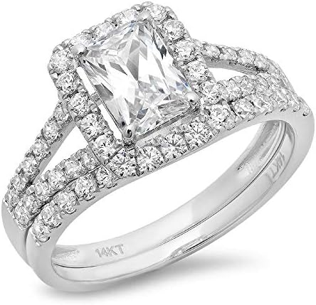 1.60ct Emerald Cut Pave Halo Bridal Engagement Wedding Ring band set 14k White Gold, 8