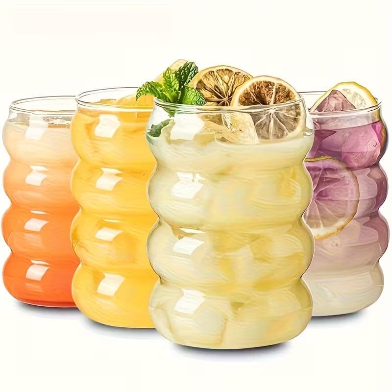 Image of PrimeWorld Vintage Ripple Drinking Glasses Set of 6 - 325 ml | Round Wave Shape Beverage Glass Cups for Juice, Beer, Wine & Cocktails | Elegant Retro Glassware for Home, Kitchen, Bar & Parties