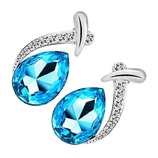 GWG® Pendientes para Mujeres, Chapados en Plata de Ley Cristal en Forma de Gota de Agua de Color Turquesa Azul Debajo de Barra Embellecida con Piedras Blancas