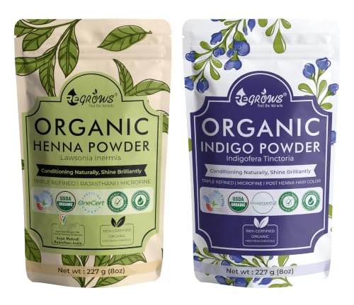 Image of ReGrows 100% Certified Organic Henna & Indigo Powder Combo | Natural Plant-Based Hair Color | USDA Organic Certified | No Ammonia | No PPD | Includes Application Kit | 227g + 227g