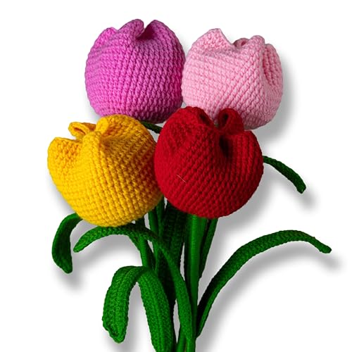 Image of Tulip Crochet Flowers | Handcrafted Artificial Woolen Flower with Long Stem | Natural Looking Knitted Flower for Home, Living Room, Vase & Bouquet Decoration & Gifting |Red-Yellow-Pink-BabyPink