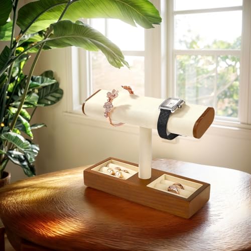 Solid Wood Watch Display Stand T-bar Watch Holder Organizer For Men And Women Jewelry Holder Stand Store And Home(Cream White)