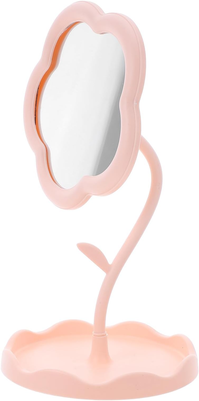 Flower Vanity Mirror with Tray Portable Makeup Mirror Lightweight Pink Floral Shape for Bedroom and Living Room Desk Use with Stable Stand