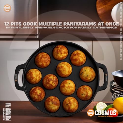 Image of E-COSMOS Pre Seasoned Cast Iron 12 Cavity Appam Patra, Paniyaram Pan Iron, Appam Pan, Pan Cake, Paddu, Appam Maker, Ponganal Maker, Appe and Litti Maker with 2 Side Handle, 25cm, (Black) (12 Cavity)