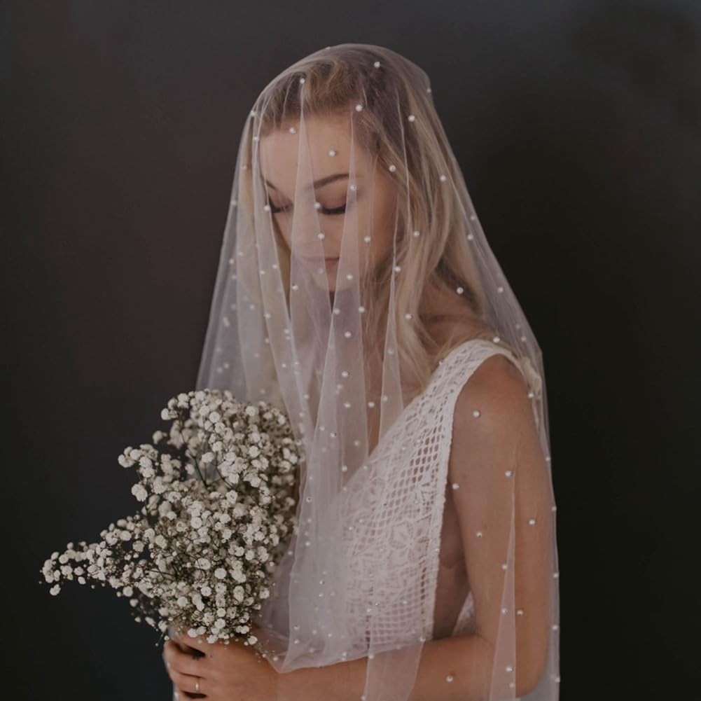 Brautschleier Perlen Weiß Hochzeitsschleier Elegent Kirche Braut Schleier 1 Stöckig Weicher Tüll Perlenschleier Haarschmuck für Hochzeit Junggesellinnenabschied mit Kamm 300cm
