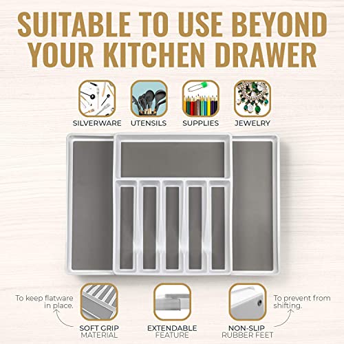 Eltow Expandable In Drawer Cutlery Organizer & Utensil Tray Set - 2 Kitchen Storage Trays For Flatware, Silverware, Cooking Utensils & More- Multipurpose Organizer For Kitchen & Office Supplies -White